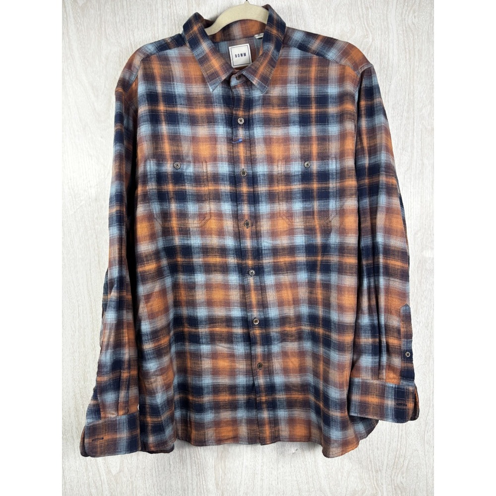 ROWM Plaid Flannel Shirt Mens XL Orange Blue Long Sleeve Button Up NWOT
